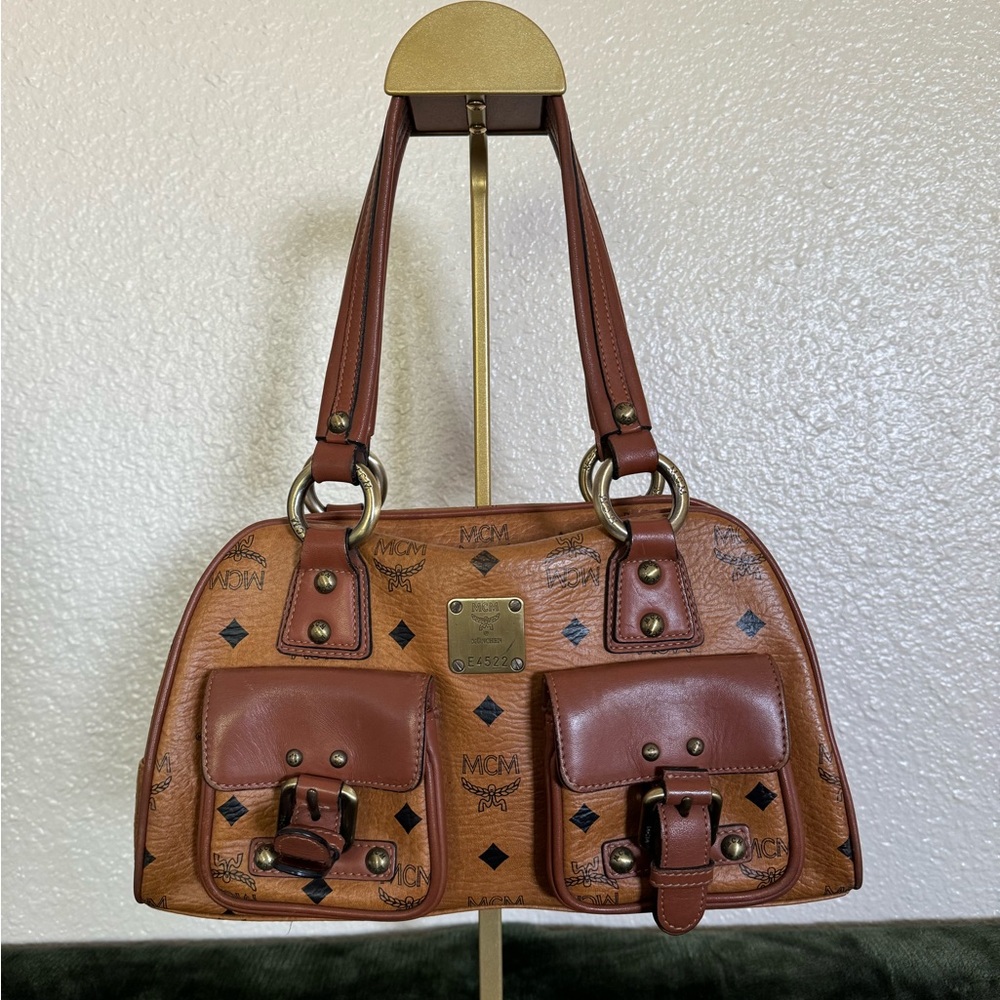 MCM Visetos Pocket Satchel Cognac